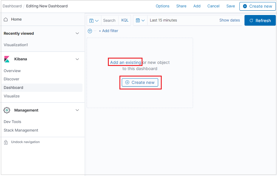 Screenshot dell'aggiunta di una visualizzazione esistente a un dashboard.