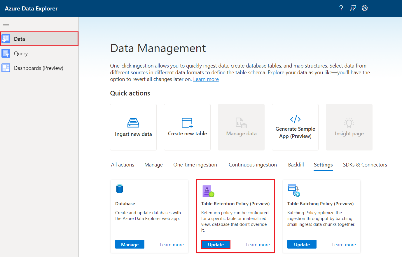 Screenshot della schermata Gestione dati che mostra la procedura guidata dei criteri di conservazione delle tabelle nell'interfaccia utente Web di Azure Esplora dati.