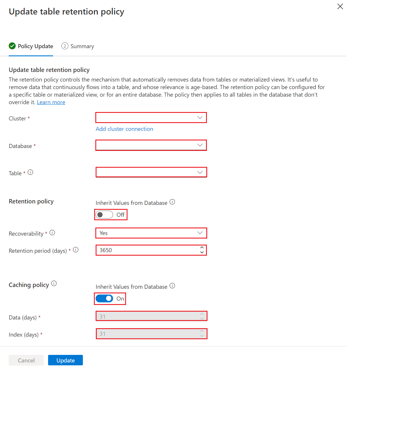 Screenshot della pagina Aggiorna criteri di conservazione tabella. I campi Cluster, Database, Tabella e Criteri devono essere compilati prima di procedere all'aggiornamento.