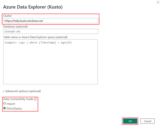 Screenshot della finestra di connessione di Azure Esplora dati(Kusto) che mostra l'URL del cluster della Guida con l'opzione DirectQuery selezionata.