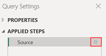 Screenshot della finestra Impostazioni query che mostra i passaggi applicati con l'icona delle impostazioni evidenziata.