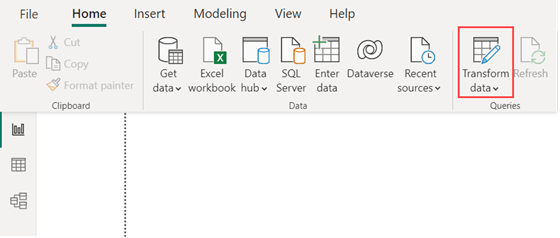 Screenshot della scheda Home in Power BI Desktop, con l'opzione Home scheda denominata Trasforma dati evidenziata.