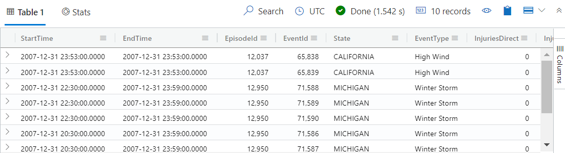 Screenshot di una tabella che elenca i dati per 10 eventi storm in Azure Esplora dati Web U I.