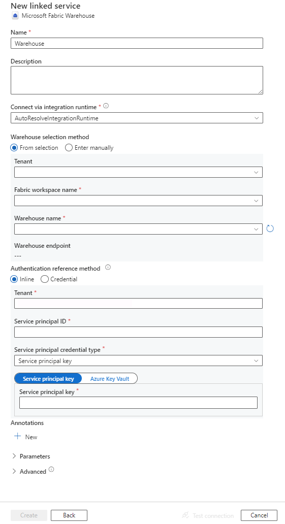 Screenshot della configurazione per il servizio collegato Microsoft Fabric Warehouse.