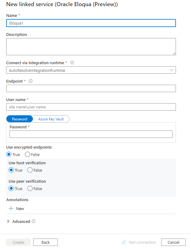 Screenshot della configurazione del servizio collegato per Oracle Eloqua.