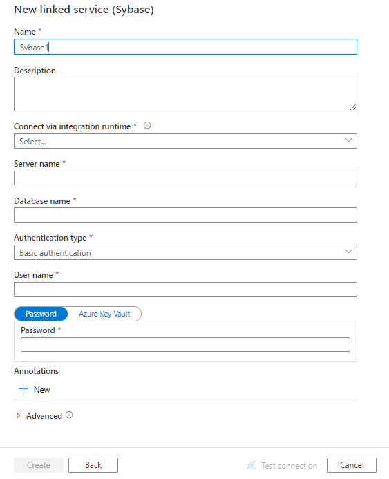 Configurare un servizio collegato in Sybase.