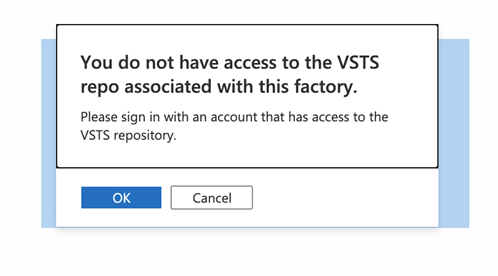 Mostra il prompt di accesso per associare un repository VSTS a un Azure Data Factory multi-tenant.