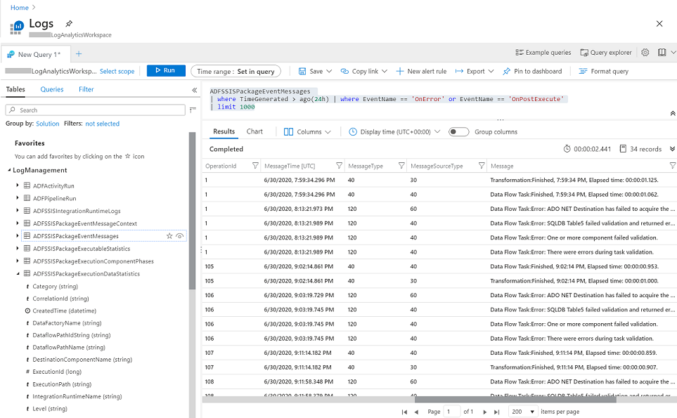 Esecuzione di query sui log di esecuzione dei pacchetti SSIS in Log Analytics