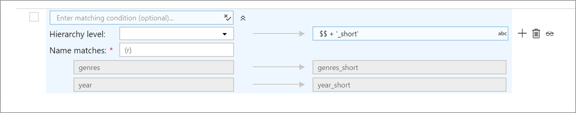 Screenshot che mostra la condizione di mapping regex con le corrispondenze a livello di gerarchia e nome.