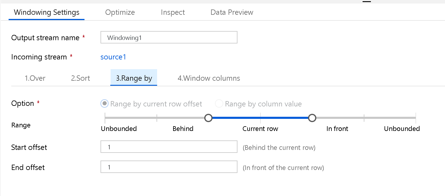 Screenshot che mostra le impostazioni di windowing con la scheda Intervallo selezionata.