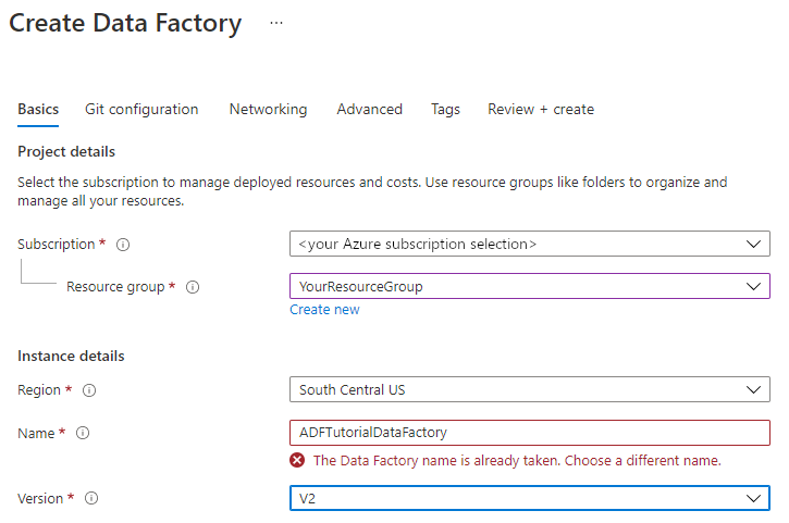 Nuovo messaggio di errore della data factory per il nome duplicato.