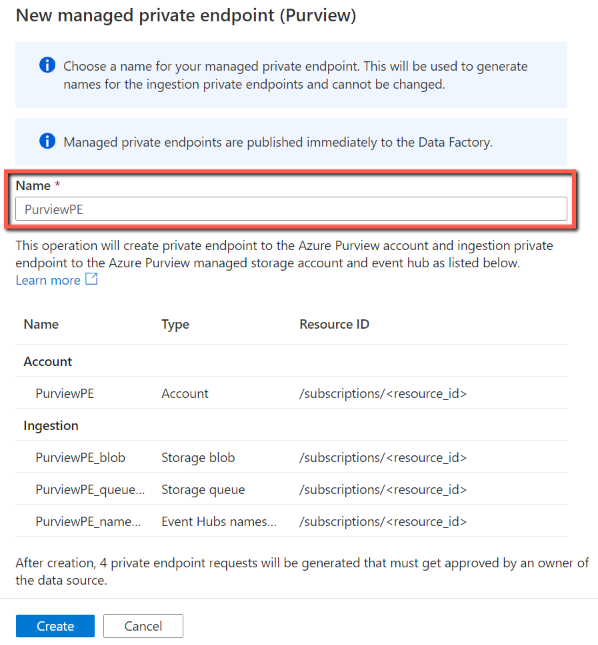 Assegnare un nome agli endpoint privati gestiti per l'account Microsoft Purview connesso.