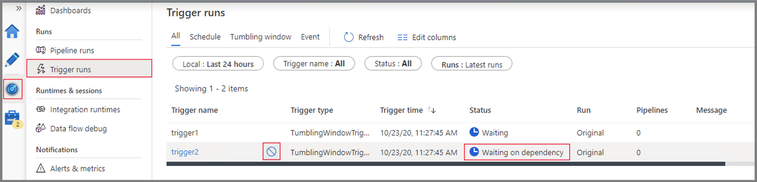 Screenshot che mostra l'annullamento di un trigger periodico dalla pagina Monitoraggio in Data Factory.