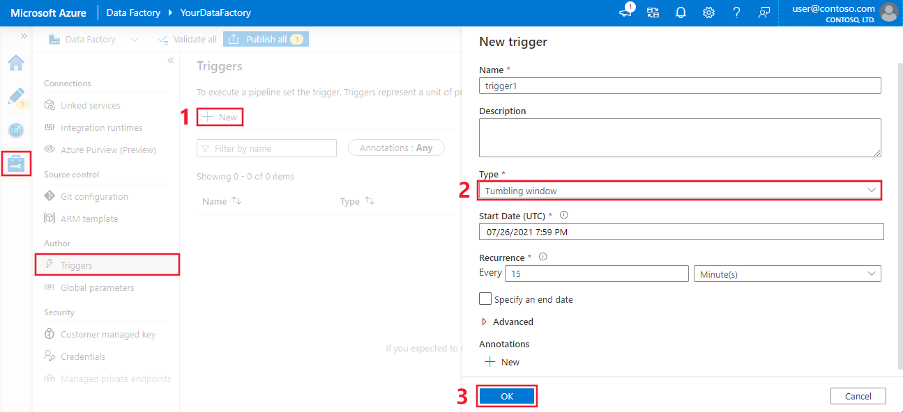 Screenshot che mostra la creazione di un trigger periodico nel portale di Azure in Data Factory.