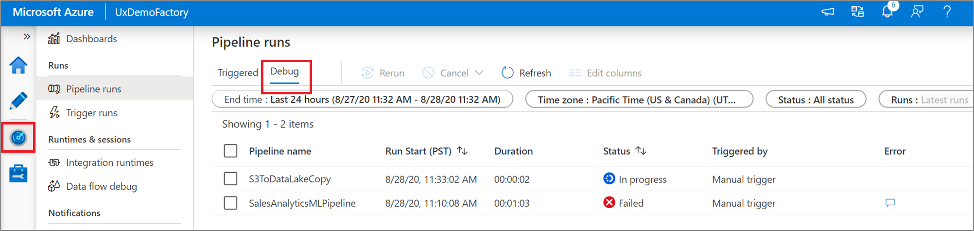 Selezionare l'icona View active debug runs (Visualizza esecuzioni di debug attive)