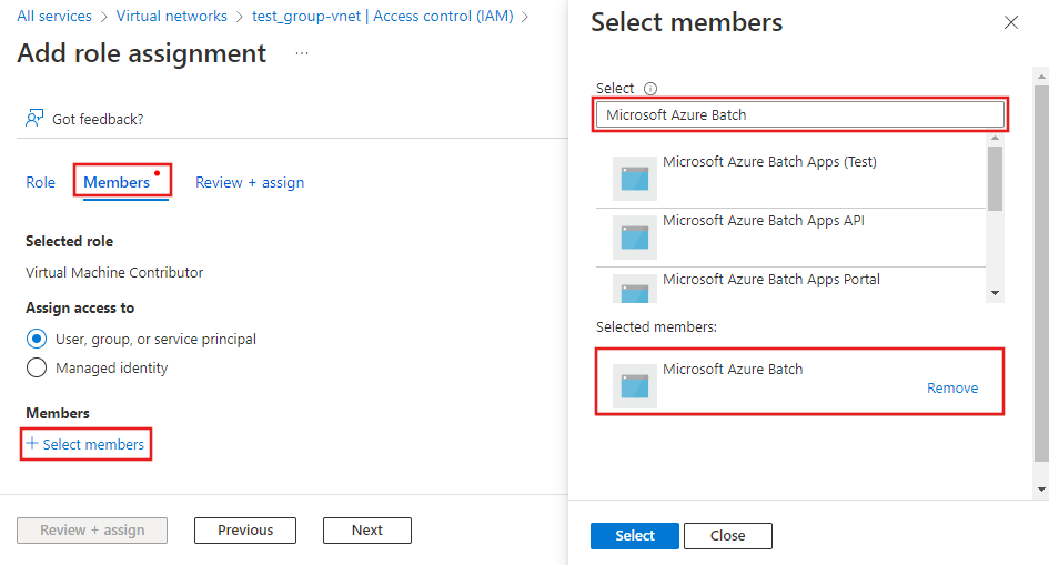 Screenshot che mostra l'entità servizio di Microsoft Azure Batch.