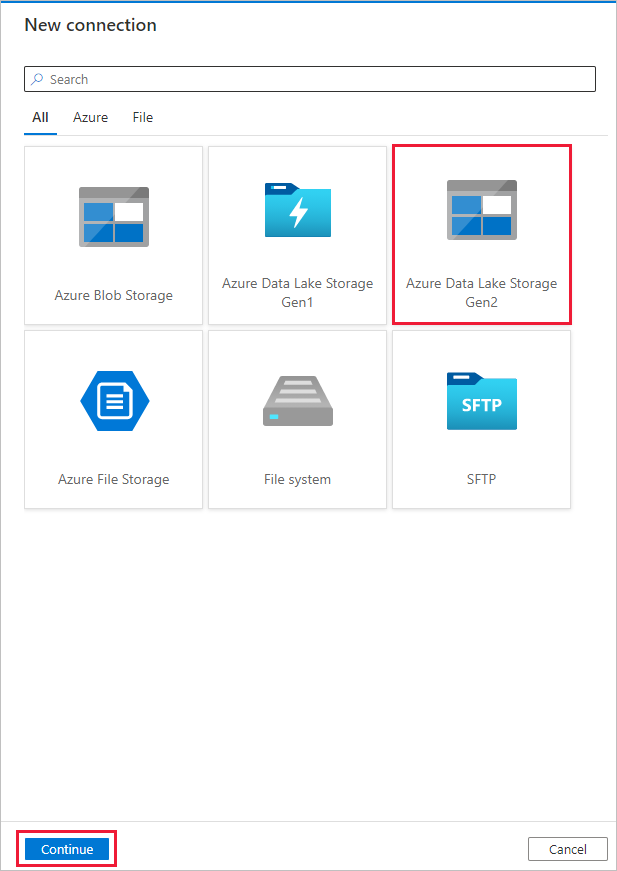 Screenshot che mostra la pagina di selezione della connessione di Azure Data Lake Storage Gen2.