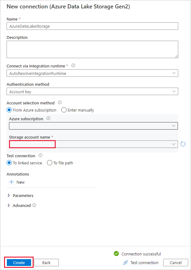 Screenshot che mostra la configurazione della connessione di Azure Data Lake Storage Gen2.