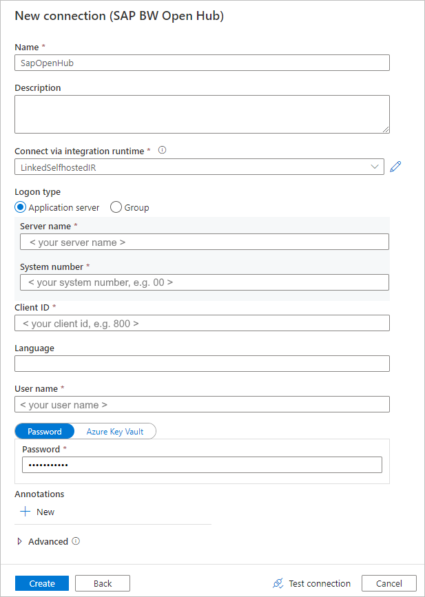 Pagina Creare un servizio collegato all'hub open sap BW