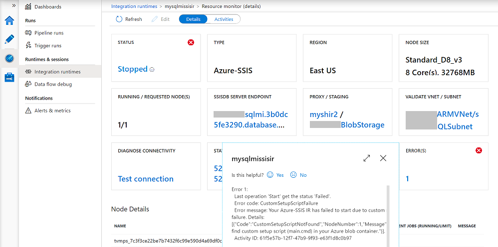 Monitorare il riquadro Azure-SSIS IR - ERRORE