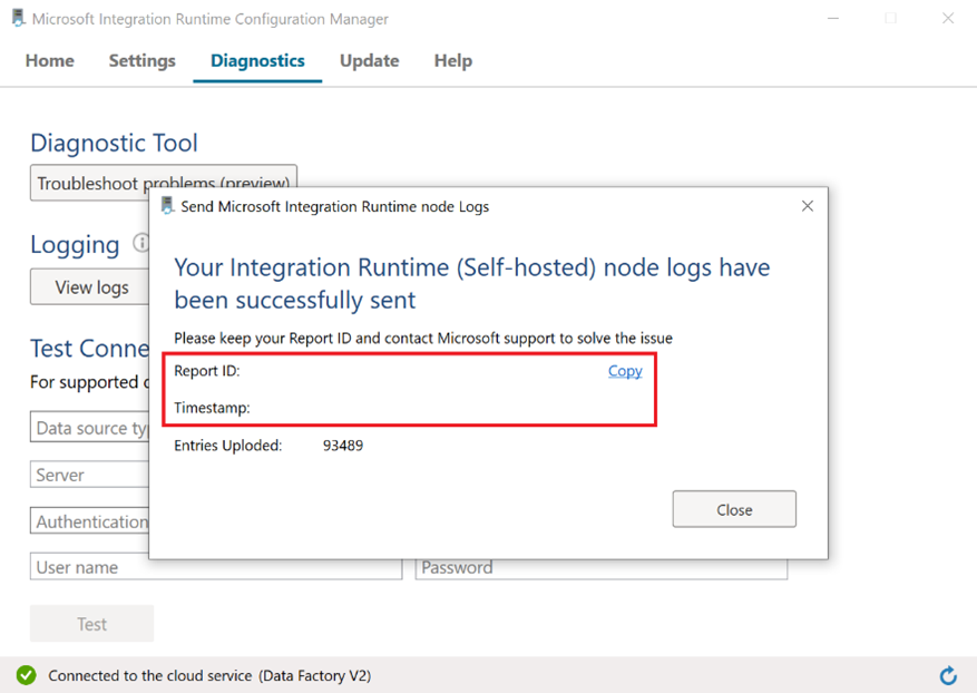 Screenshot della conferma del log di diagnostica del runtime di integrazione self-hosted, con ID report e Timestamp evidenziati.