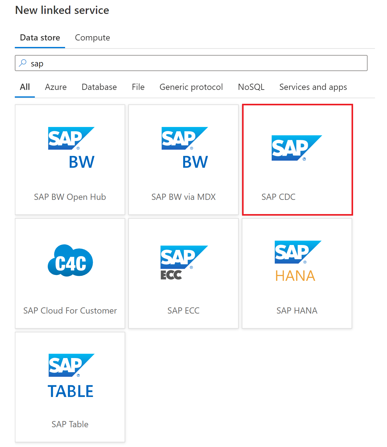 Screenshot della selezione dell'origine del servizio collegato con SAP CDC selezionato.