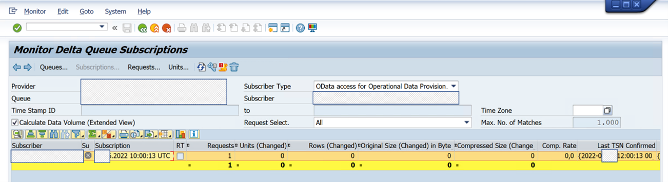 Screenshot dello strumento SAP ODQMON con sottoscrizioni di code delta visualizzate.