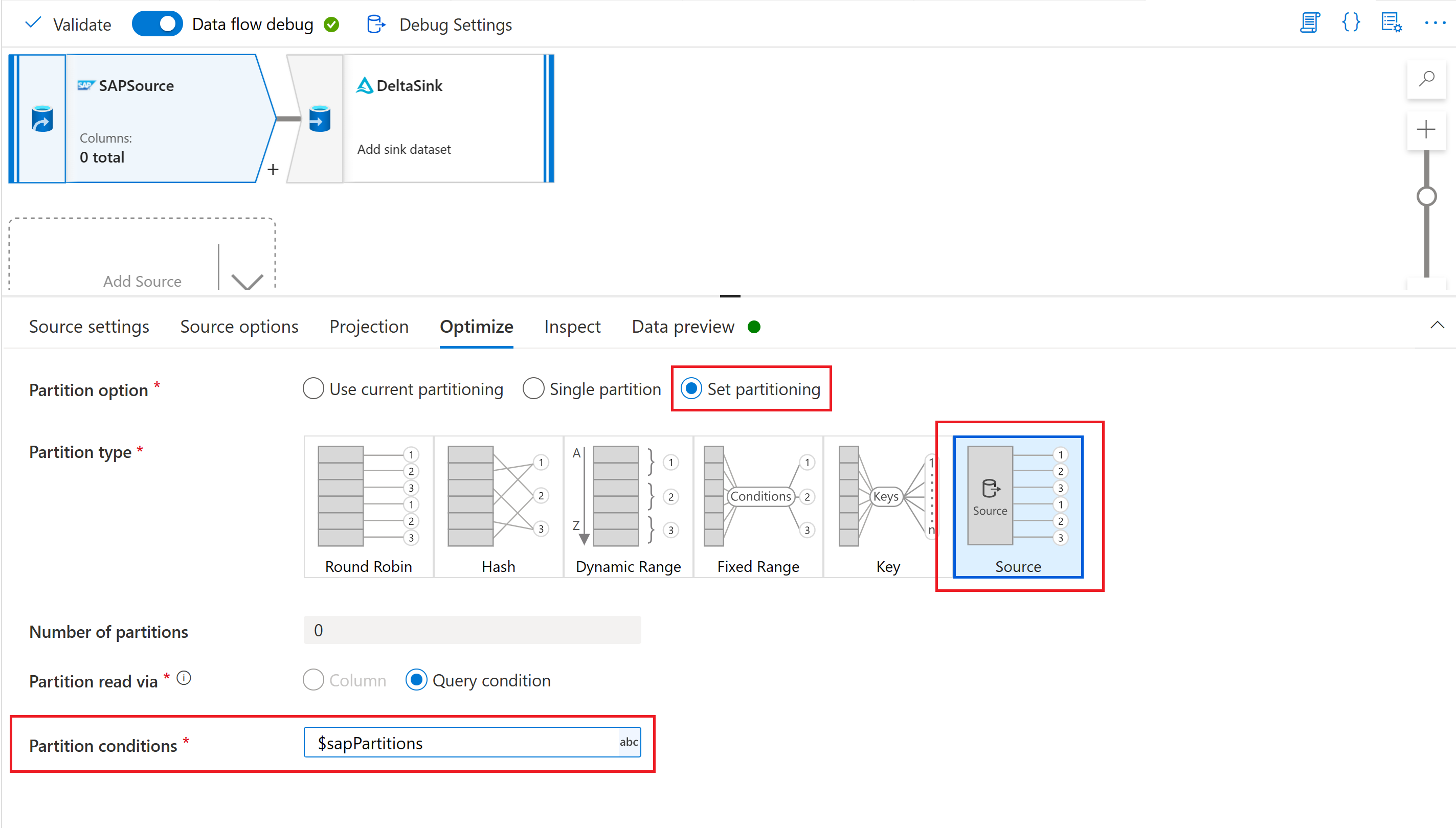 Screenshot che mostra come usare il parametro di partizionamento nella scheda Ottimizza della trasformazione di origine.