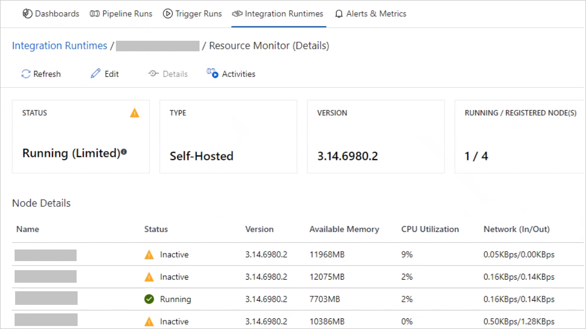 Screenshot del nodo di runtime integrato self-hosted con stato inattivo