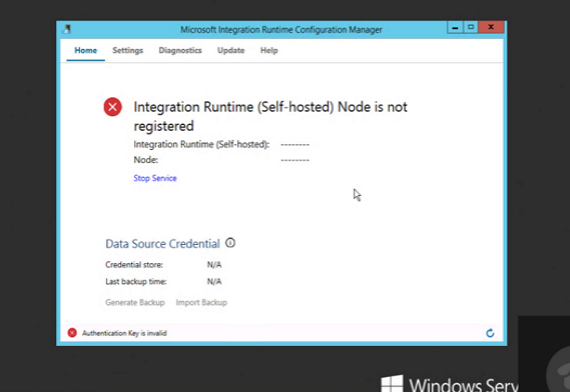Screenshot del riquadro Configuration Manager, che mostra un messaggio che indica che il nodo del runtime di integrazione non è registrato.