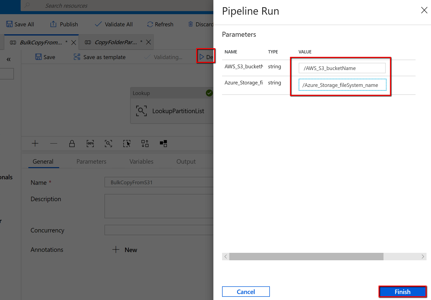 Screenshot che mostra dove selezionare Debug e immettere i parametri prima di selezionare Fine.