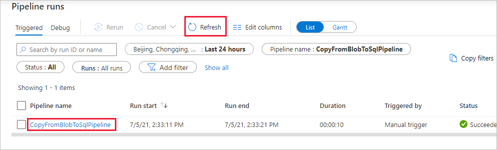 Screenshot dell'esecuzione della pipeline.