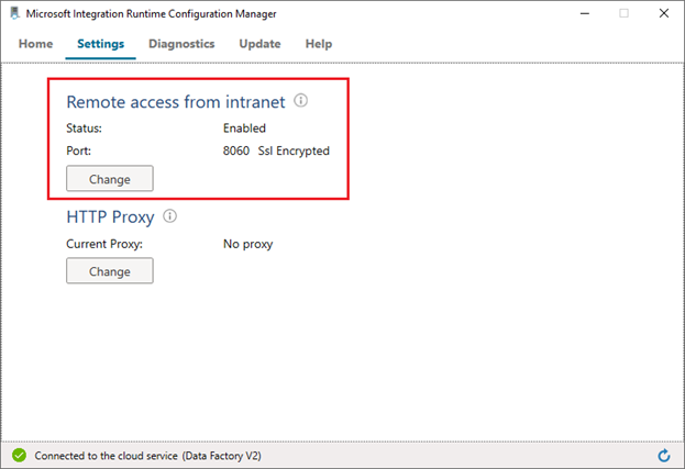 Screenshot che mostra la verifica delle impostazioni di accesso remoto in Self-hosted Integration Runtime Configuration Manager passaggio 1.