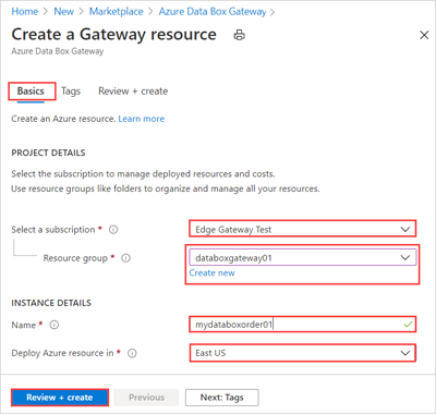 Screenshot di una voce di dettaglio progetto e istanza per un ordine di Data Box Gateway.