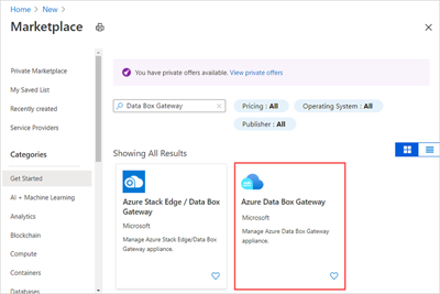 Screenshot che mostra azure Data Box Gateway incluso nei risultati della ricerca di Azure.