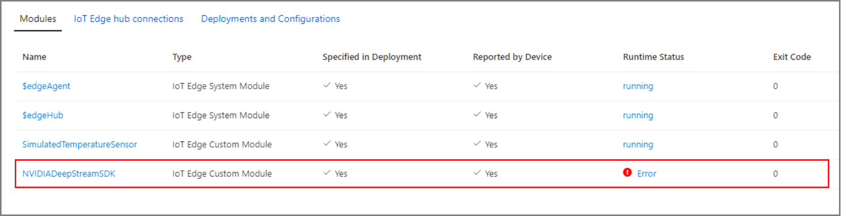 Screenshot dello stato di runtime del modulo NVIDIA DeepStream SDK portale di Azure con condizione di errore.