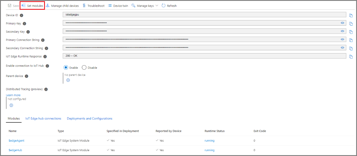 Screenshot della pagina portale di Azure, hub IoT e imposta moduli.