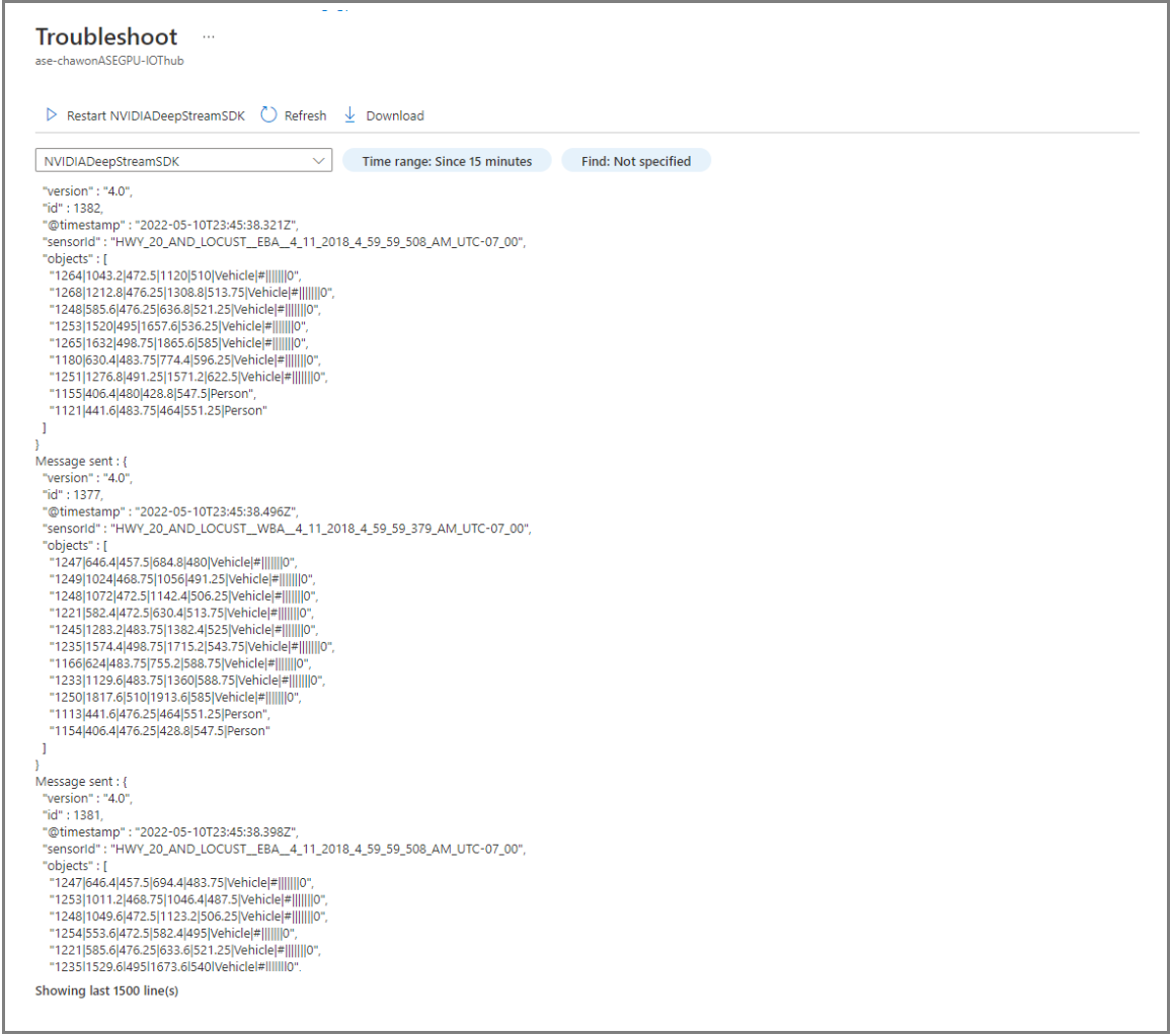 Screenshot dell'output del file di log di NVIDIA DeepStream SDK portale di Azure.