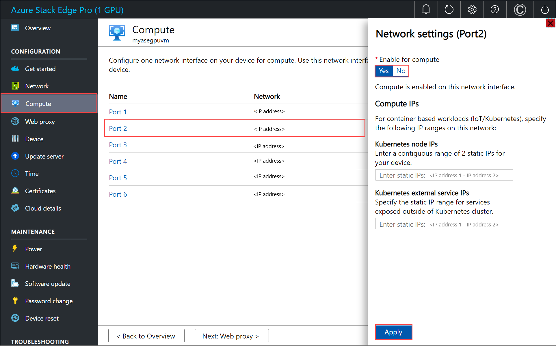 Screenshot del riquadro Calcolo per un dispositivo Azure Stack Edge. Le impostazioni di calcolo per la porta 2 sono evidenziate.