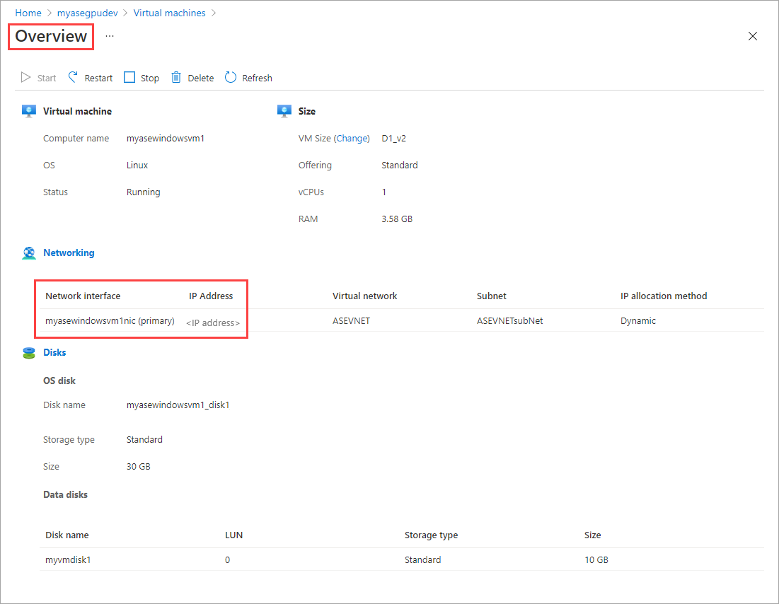 Screenshot che mostra la scheda Dettagli nel riquadro Panoramica per una macchina virtuale in Azure Stack Edge. L'etichetta Panoramica e l'indirizzo IP in Rete sono evidenziati.