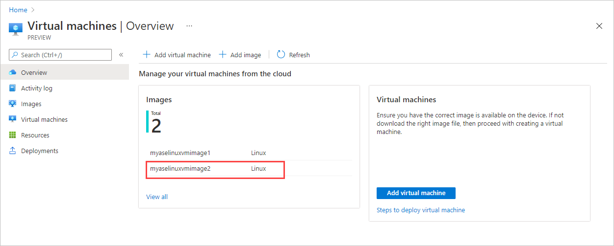 Screenshot della panoramica delle macchine virtuali in un dispositivo Azure Stack Edge. Nel riquadro Immagini viene evidenziata una macchina virtuale appena creata.