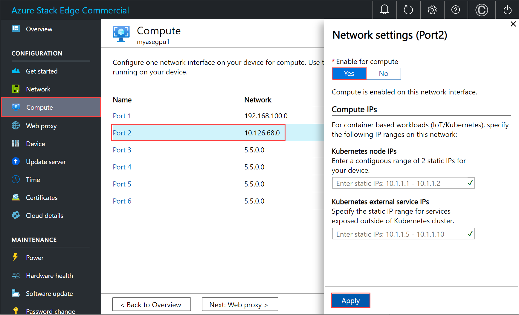 Screenshot del riquadro Impostazioni di rete di configurazione calcolo.