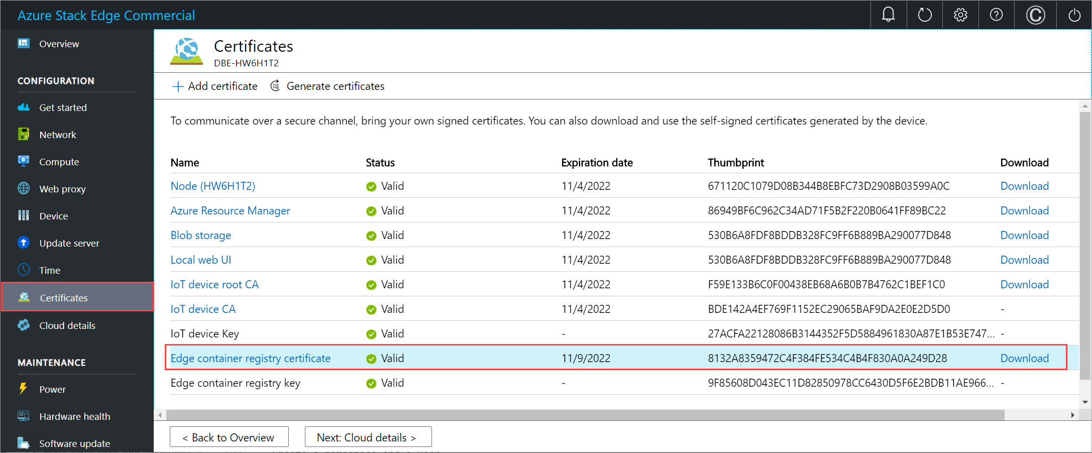 Scaricare il certificato dell'endpoint del registro contenitori Edge