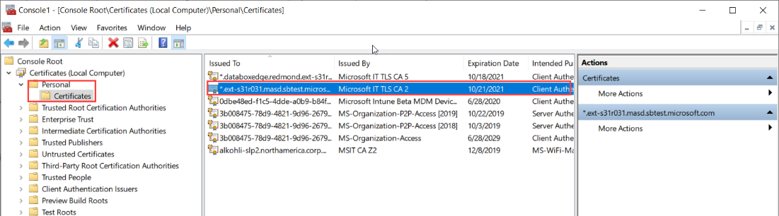 Screenshot dell'archivio computer locale in un dispositivo con i certificati visualizzati per l'archivio personale. La cartella Personale e l'archivio Certificati sono evidenziati.