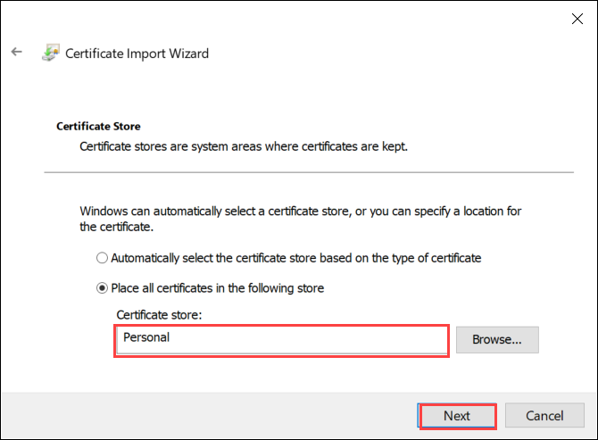 Screenshot dell'Importazione guidata certificati in Windows con l'archivio certificati personale selezionato. L'opzione Archivio certificati e il pulsante Avanti sono evidenziati.