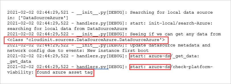 Illustrazione di una voce di log cloud-init per un'immagine di macchina virtuale con l'origine dati impostata su Azure. Il testo di identificazione è evidenziato.