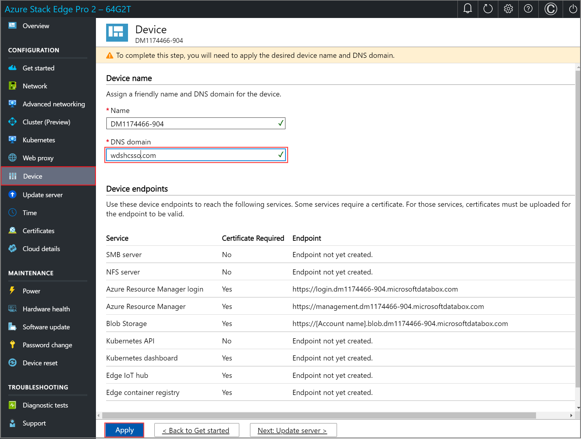 Screenshot della pagina Dispositivo nell'interfaccia utente Web locale di un dispositivo Azure Stack Edge. Il pulsante Applica è evidenziato.