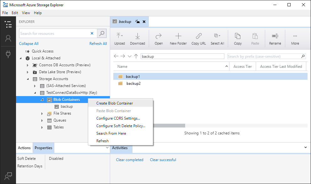 Menu di scelta rapida Contenitori BLOB, Crea contenitore BLOB