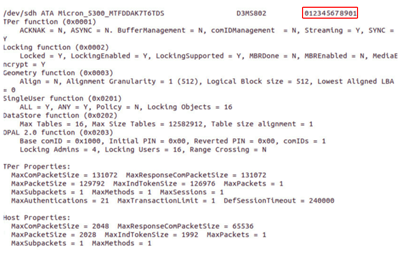 Acquisizione dello schermo dell'output di esempio dello strumento sedutil che mostra i volumi identificati.