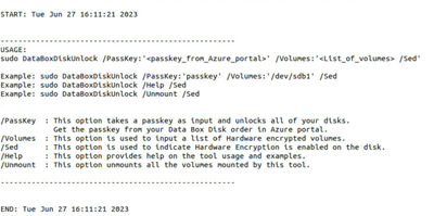 Acquisizione dello schermo che mostra l'output di esempio dal comando della Guida dell'utilità di sblocco di Data Box Disk.